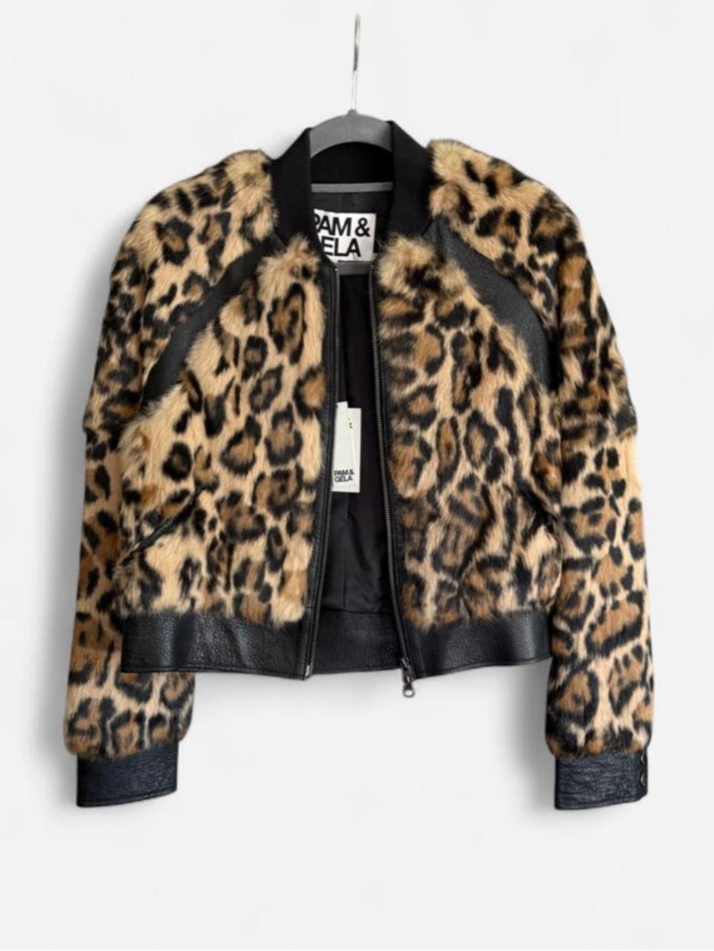 Leopard Real Rabbit Fur Leather Jacket - Brown/Black - Picture 1 of 6